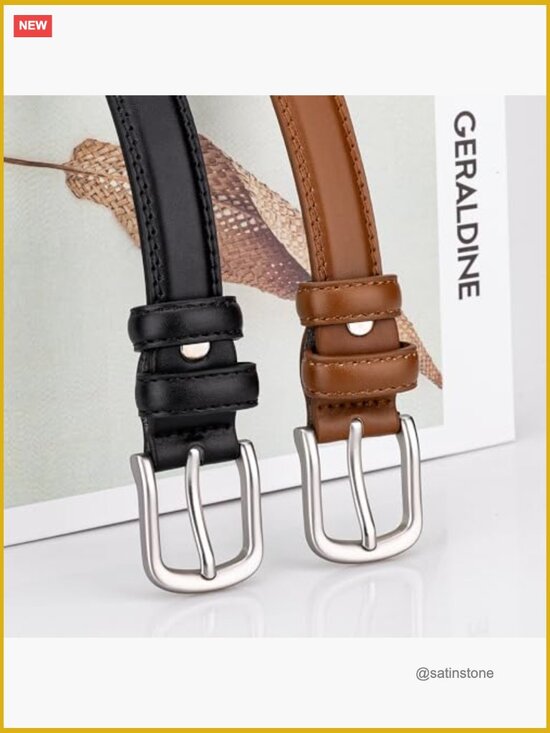 2 Pack Faux Leather Skinny Belts for Women with Silver Buckle main image 2